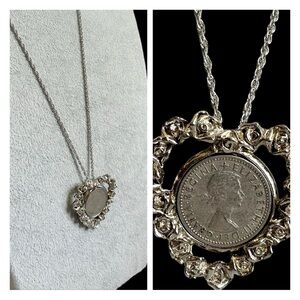 Vintage Pendant British Sixpence Coin Queen Elizabeth II Heart of Roses Necklace